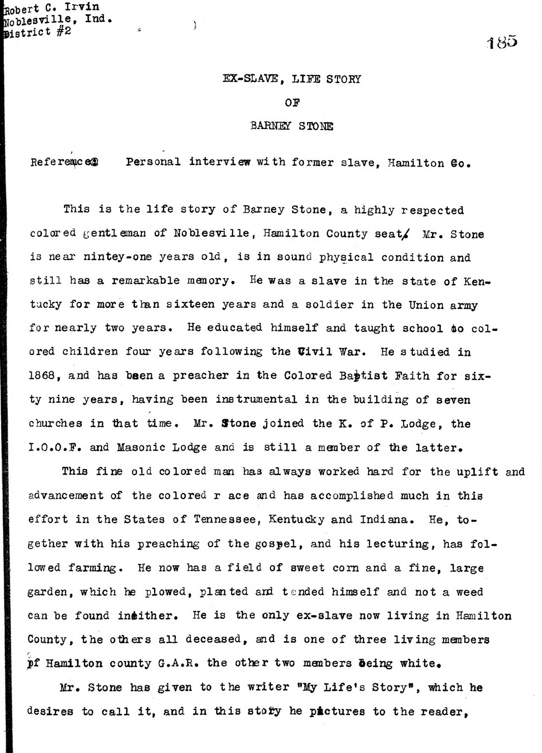Typewritten page 185 of Barney Stone's interview, titled Ex-Slave, Life Story of Barney Stone
