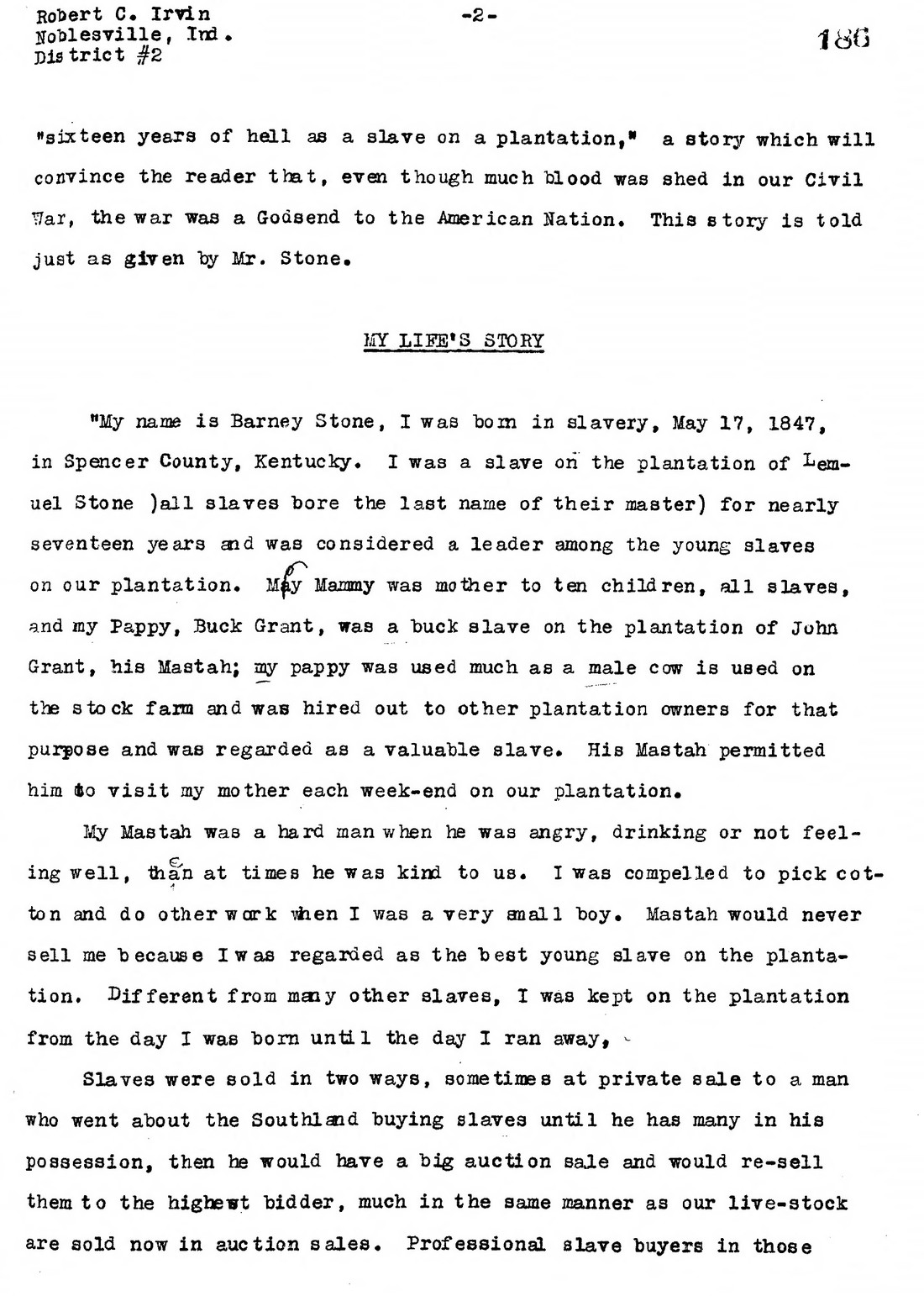 Typewritten page 186, beginning Barney Stone's account: My Life's Story