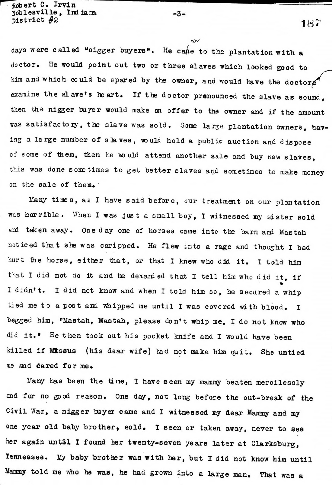 Typewritten page 187, continuing Barney Stone's account